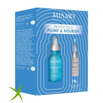 Miamo Cofanetto 2025 Plump & Hydra 1 Rughe di Disidratazione Hyaluronic Acid lh Serum 30 ml + 1 Nourish 3 Biotic 10 ml